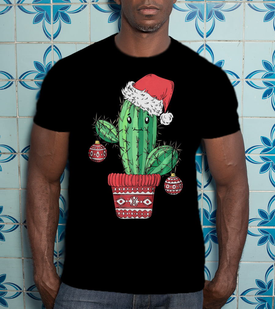 Cactus Christmas Tree Santa Hat Festive Ornaments T-Shirt