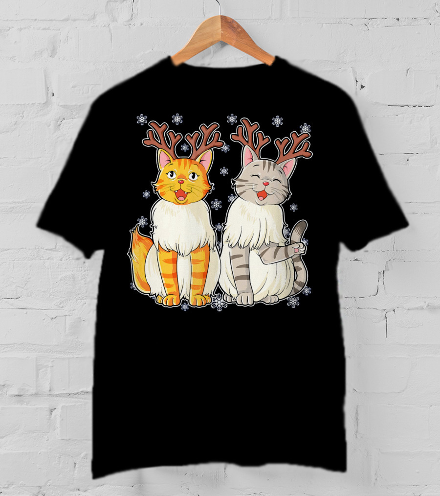 Funny Christmas Cat Reindeer With Snowflakes T-Shirt