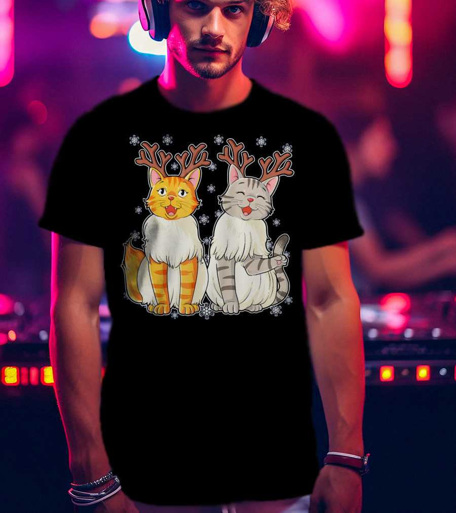 Funny Christmas Cat Reindeer With Snowflakes T-Shirt