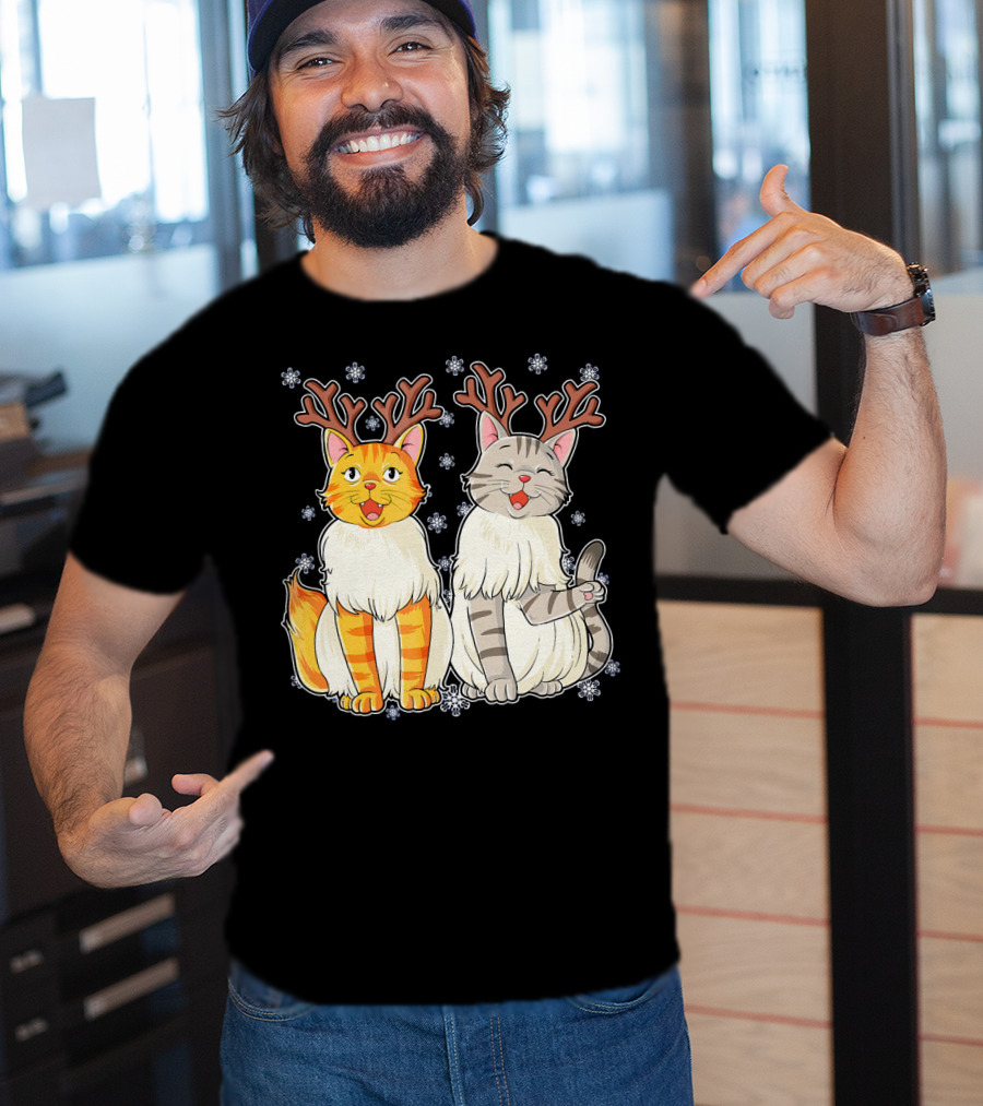 Funny Christmas Cat Reindeer With Snowflakes T-Shirt