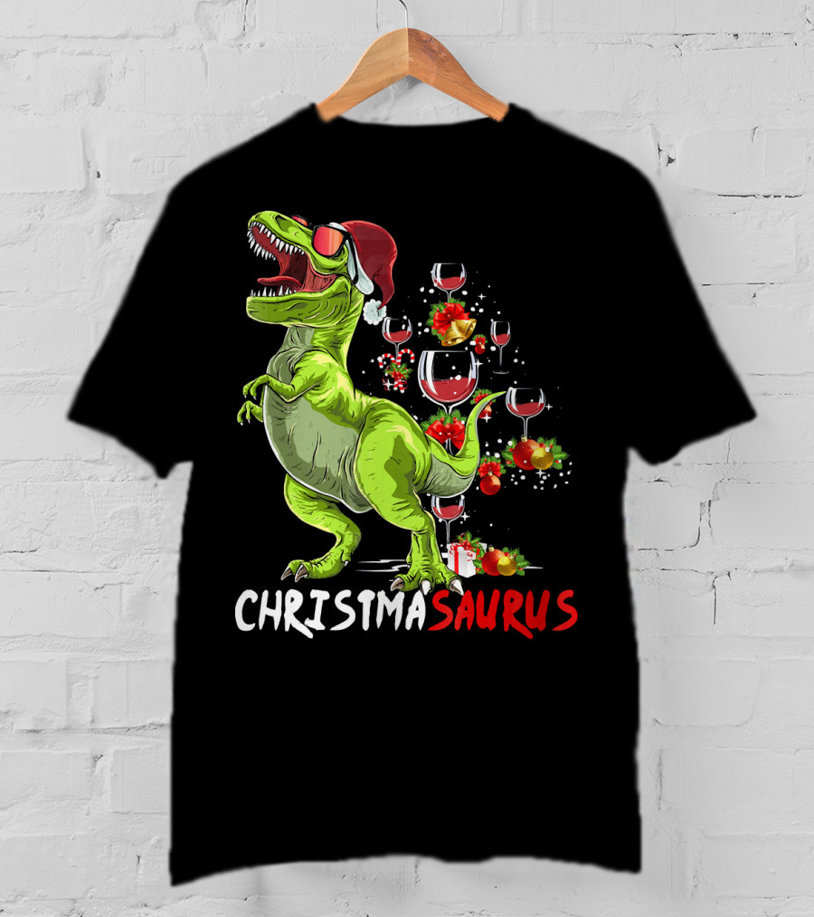 Christmasaurus T-Rex Santa Hat Wine Ornaments T-Shirt