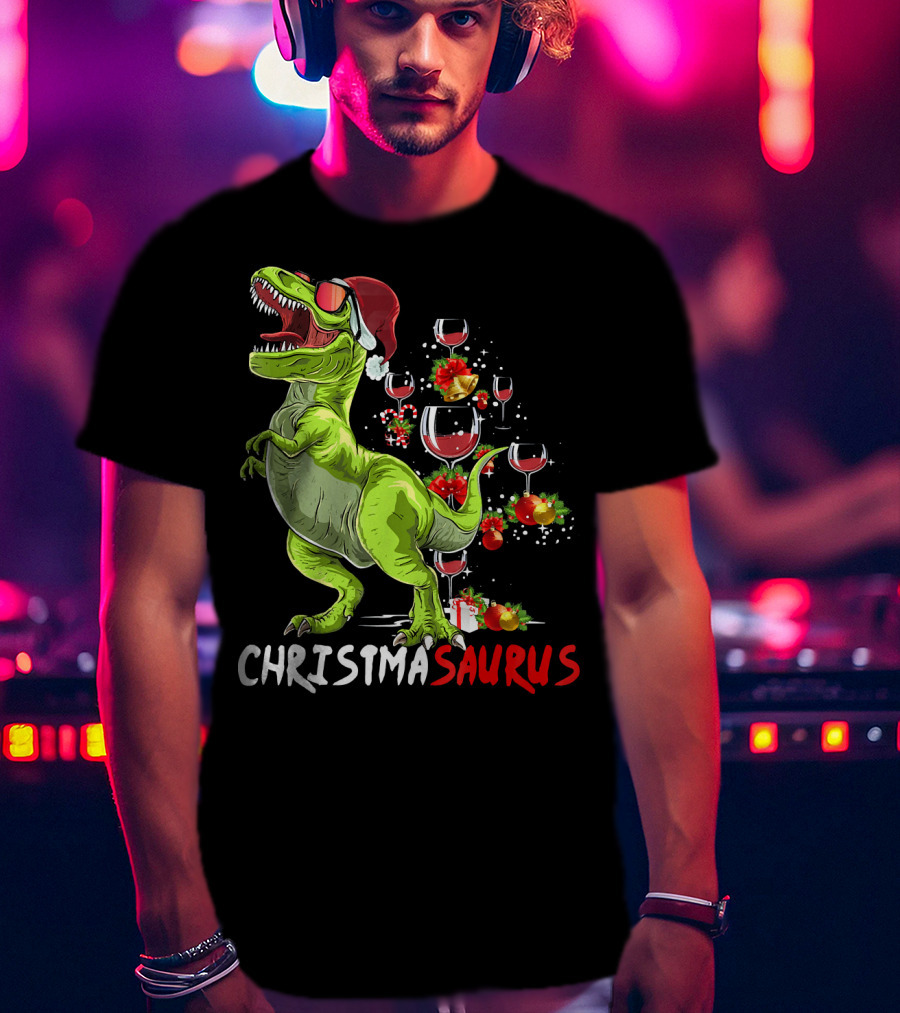 Christmasaurus T-Rex Santa Hat Wine Ornaments T-Shirt