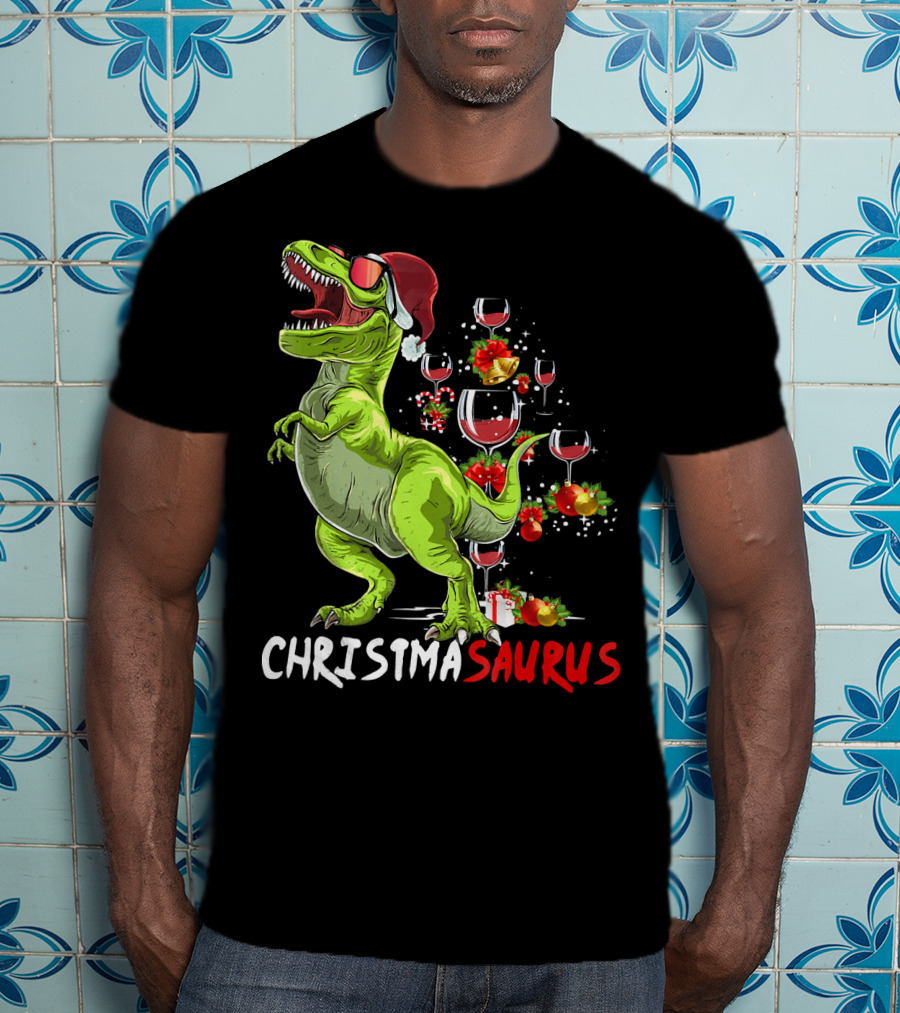Christmasaurus T-Rex Santa Hat Wine Ornaments T-Shirt