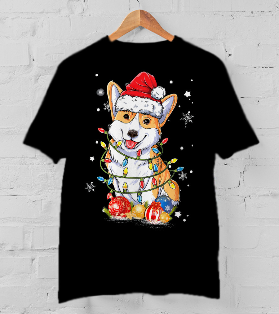 Merry Corgmas Xmas Tree Santa Corgi Wrapped In Christmas Lights And Ornaments T-Shirt