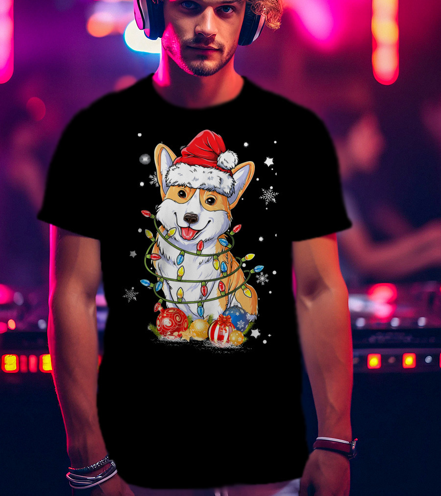 Merry Corgmas Xmas Tree Santa Corgi Wrapped In Christmas Lights And Ornaments T-Shirt