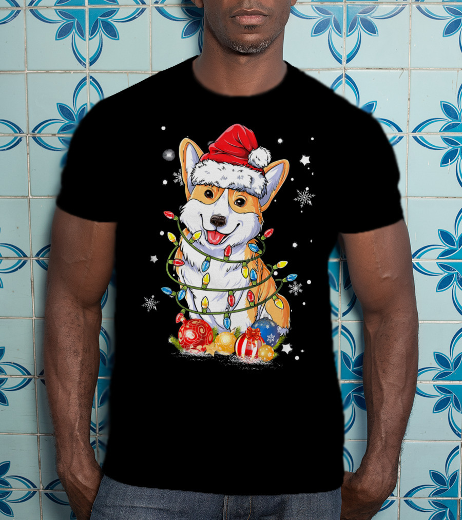 Merry Corgmas Xmas Tree Santa Corgi Wrapped In Christmas Lights And Ornaments T-Shirt