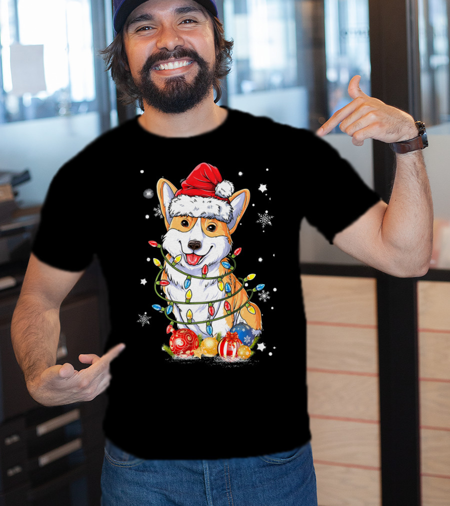 Merry Corgmas Xmas Tree Santa Corgi Wrapped In Christmas Lights And Ornaments T-Shirt