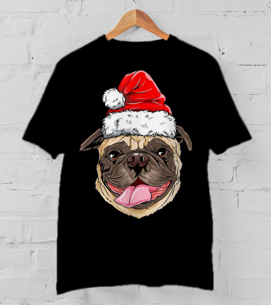 Pug Santa Christmas Hat Joyful Expression T-Shirt