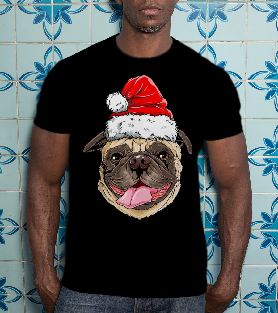 Pug Santa Christmas Hat Joyful Expression T-Shirt