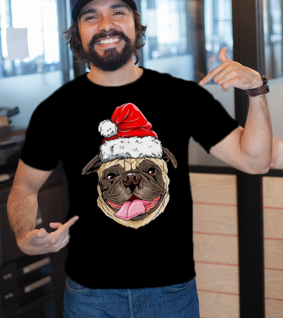 Pug Santa Christmas Hat Joyful Expression T-Shirt