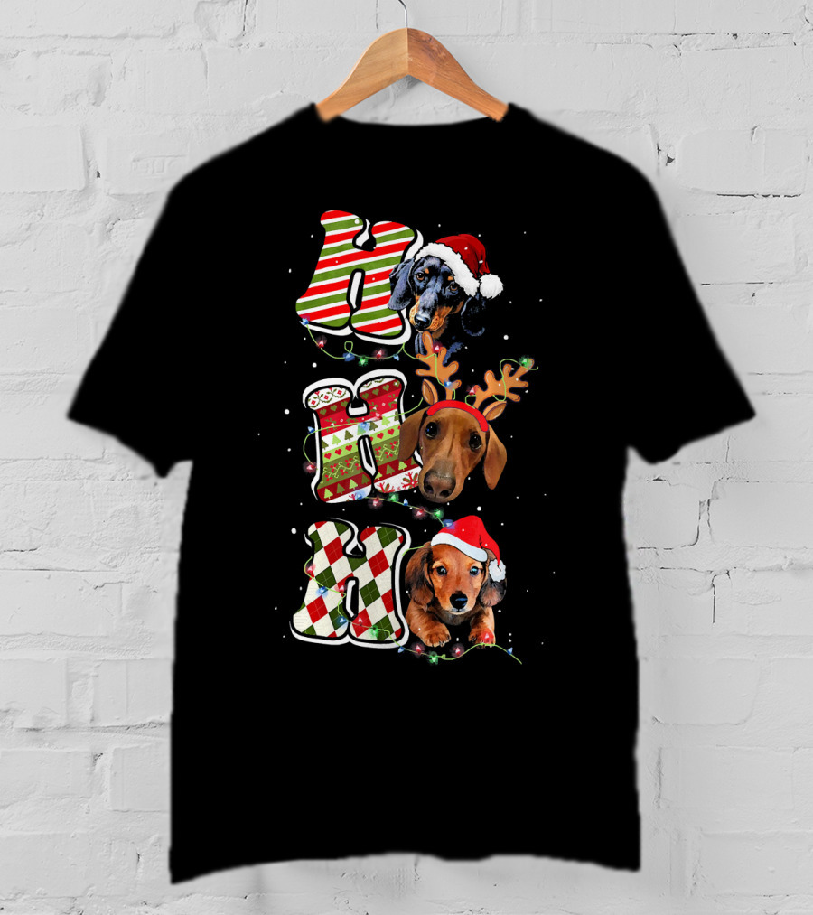 Dachshund Ho Ho Ho Christmas Reindeer Lights Santa Hat T-Shirt