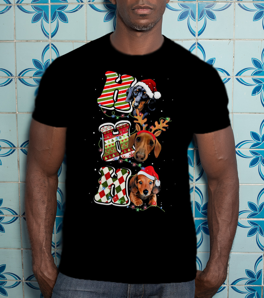 Dachshund Ho Ho Ho Christmas Reindeer Lights Santa Hat T-Shirt