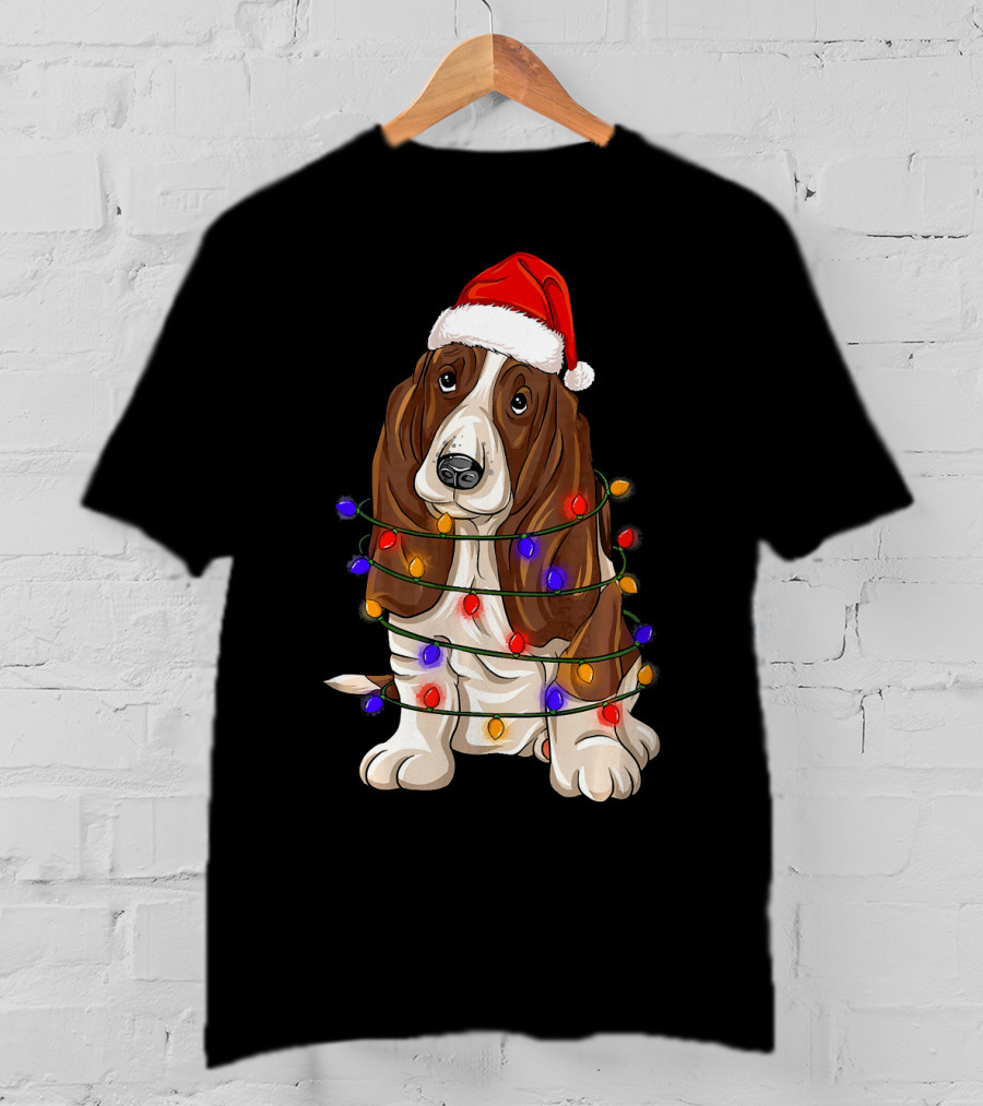 Basset Hound Santa Hat Wrapped In Christmas Lights T-Shirt