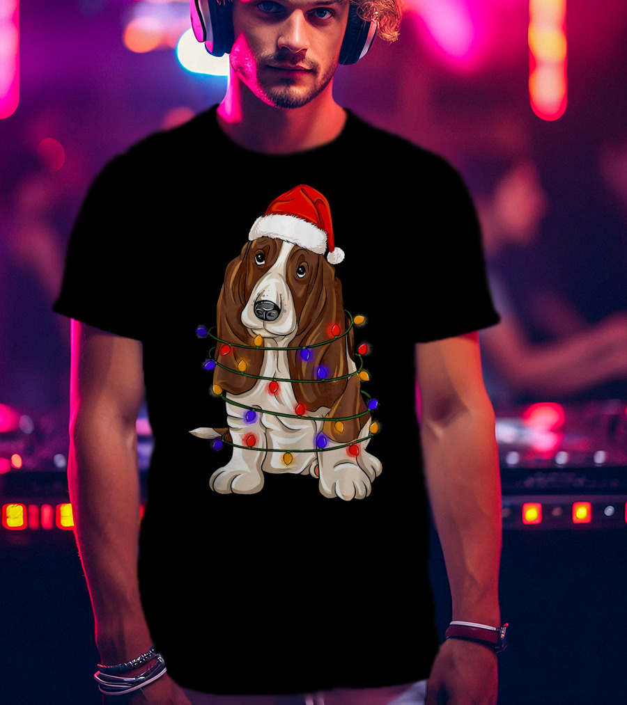 Basset Hound Santa Hat Wrapped In Christmas Lights T-Shirt