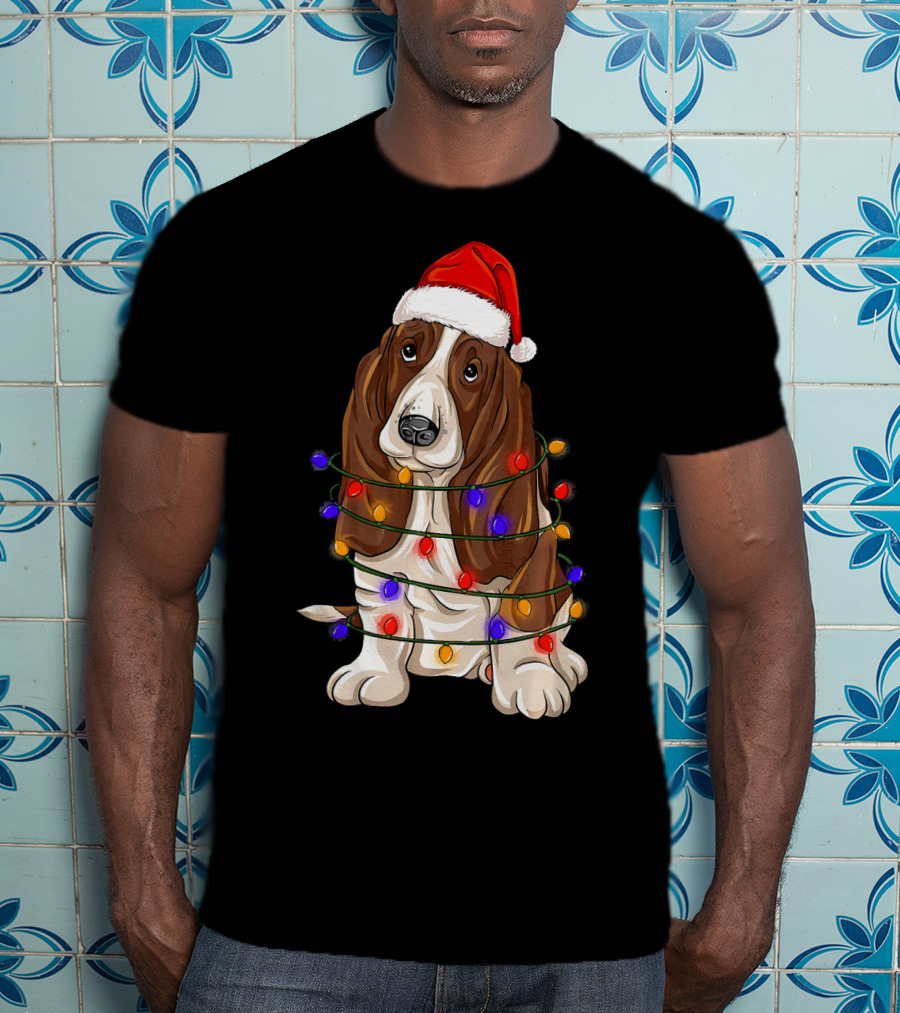 Basset Hound Santa Hat Wrapped In Christmas Lights T-Shirt