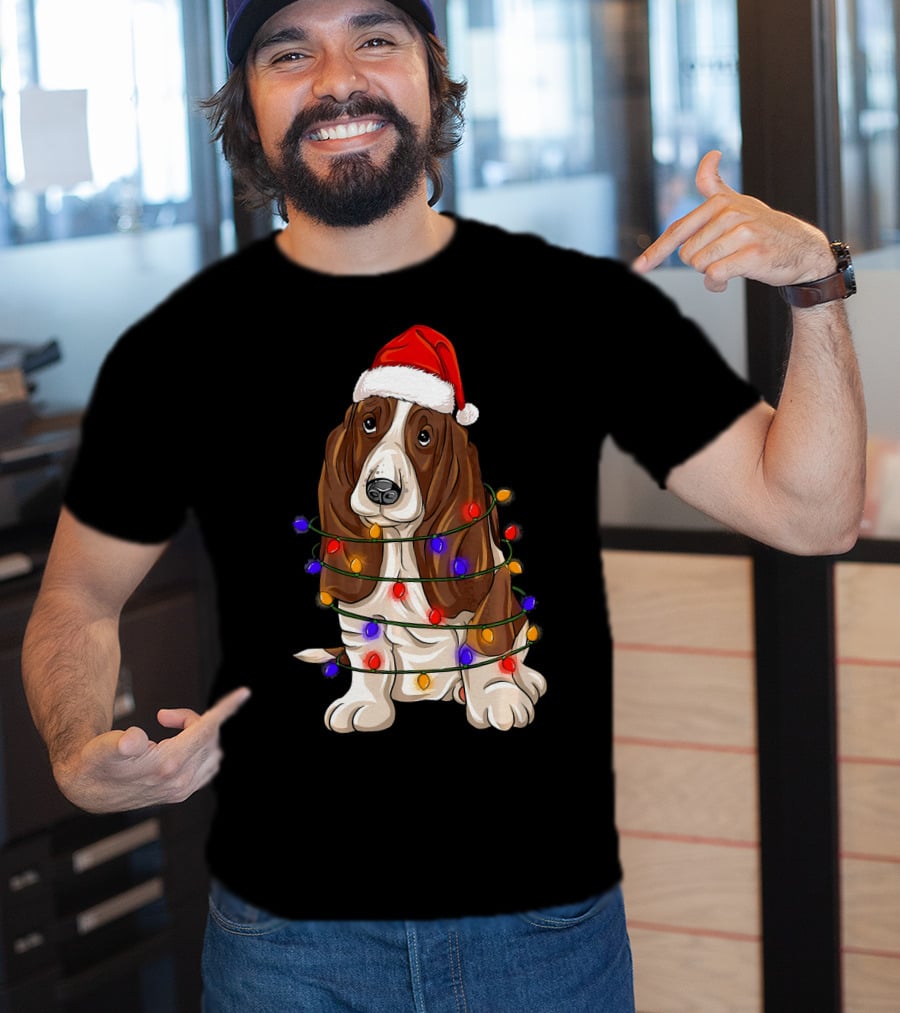 Basset Hound Santa Hat Wrapped In Christmas Lights T-Shirt