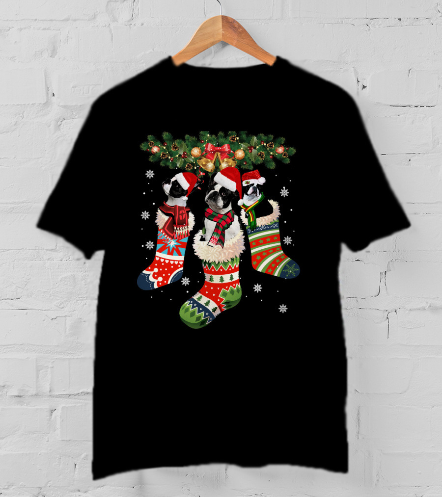 Three Boston Terrier In Christmas Stockings With Santa Hats And Festive Scarves T-Shirt