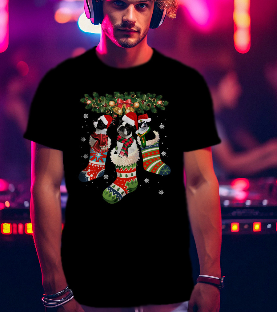 Three Boston Terrier In Christmas Stockings With Santa Hats And Festive Scarves T-Shirt