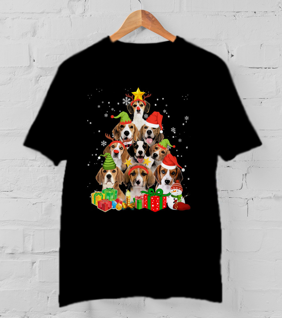 Funny Beagle Christmas Tree Santa Hats Presents Snowman T-Shirt