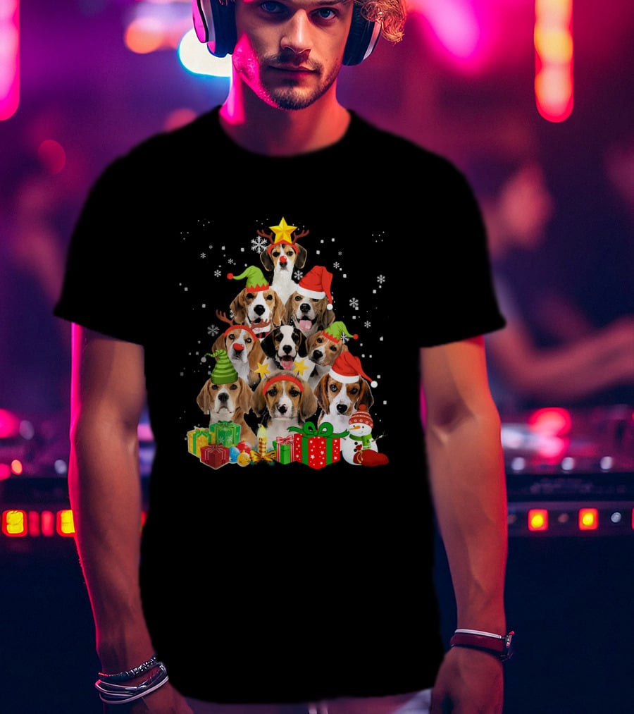 Funny Beagle Christmas Tree Santa Hats Presents Snowman T-Shirt