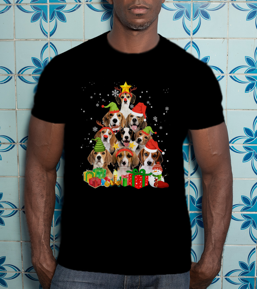 Funny Beagle Christmas Tree Santa Hats Presents Snowman T-Shirt