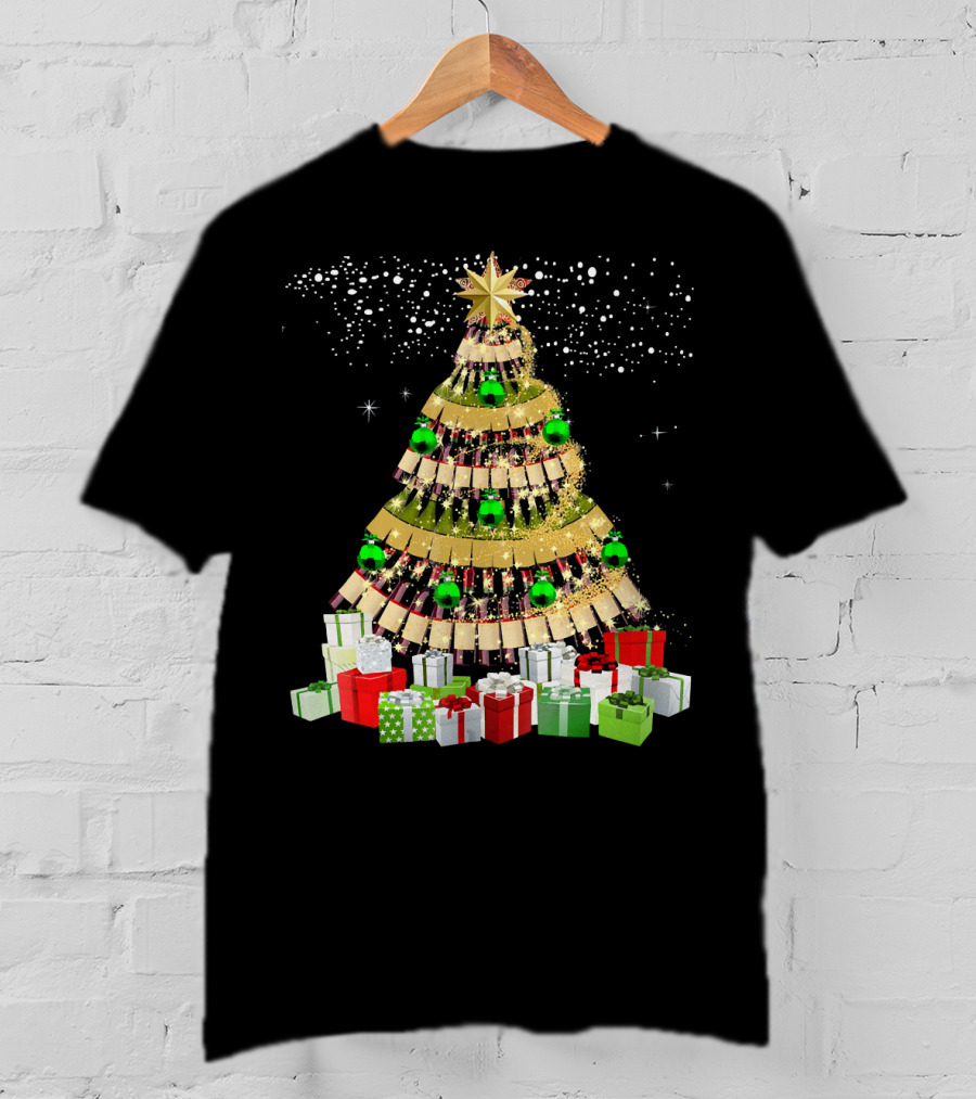 Wine Bottles Christmas Tree With Gifts Snowflakes And Ornaments T-Shirt