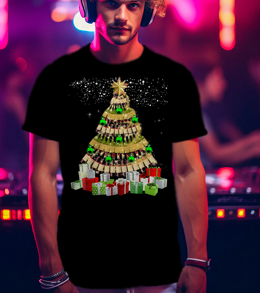 Wine Bottles Christmas Tree With Gifts Snowflakes And Ornaments T-Shirt