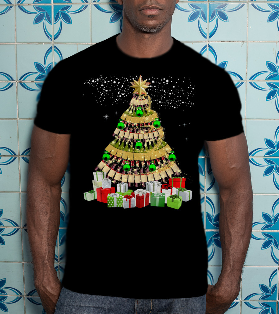 Wine Bottles Christmas Tree With Gifts Snowflakes And Ornaments T-Shirt