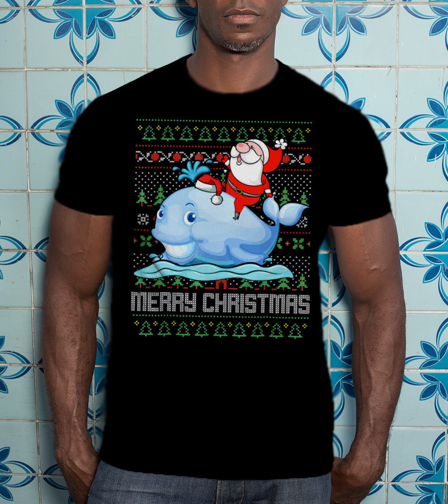 Merry Christmas Funny Santa Claus Riding Whale Holiday T-Shirt