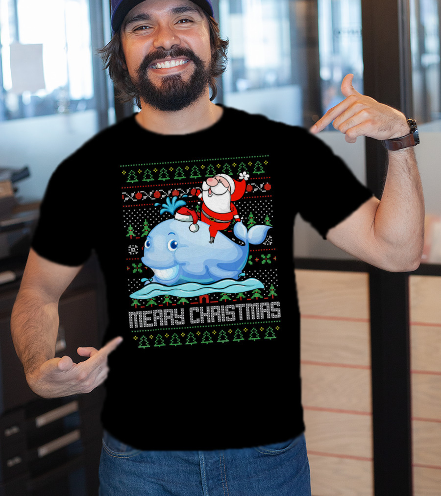Merry Christmas Funny Santa Claus Riding Whale Holiday T-Shirt