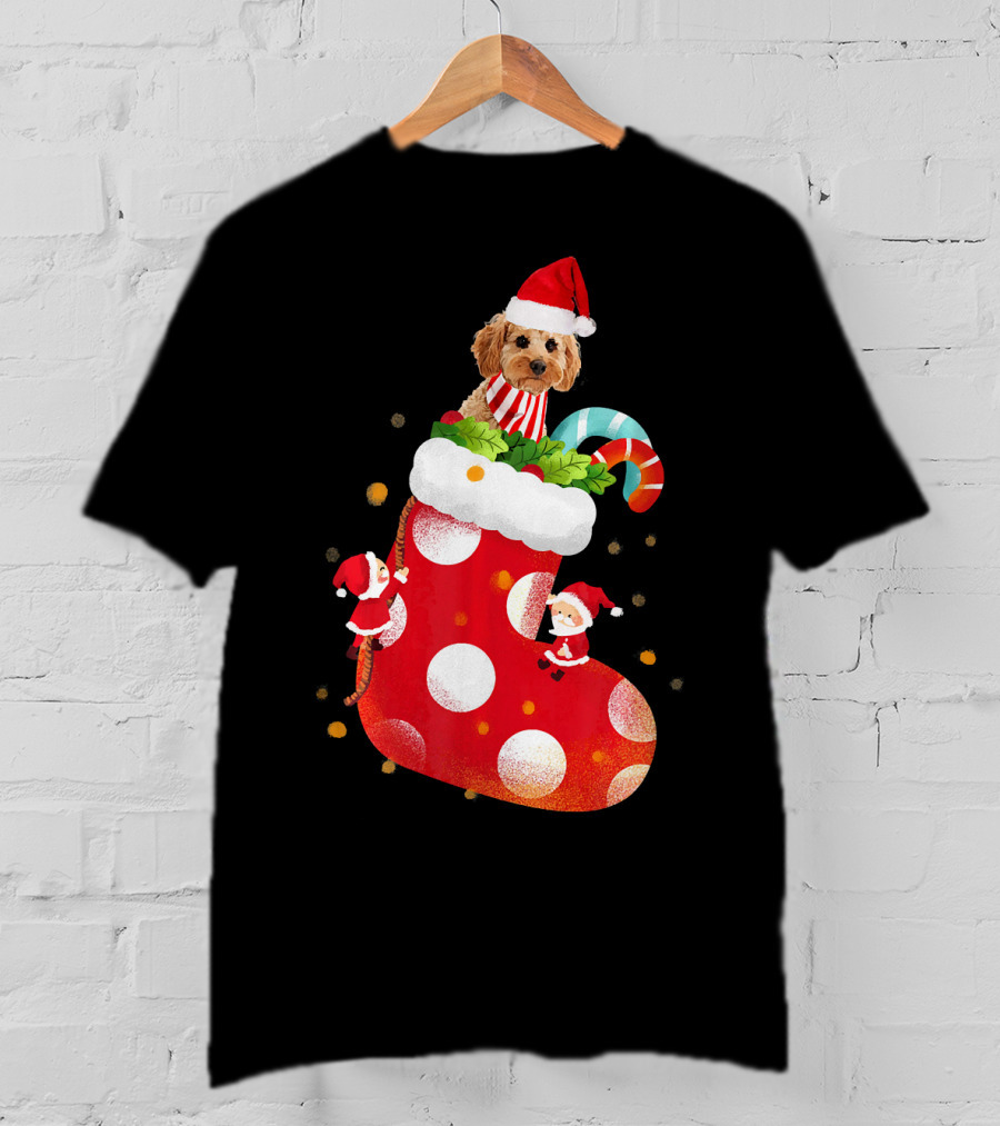 Christmas Cockapoo Dog In Santa Hat With Red Stocking And Candy Cane T-Shirt