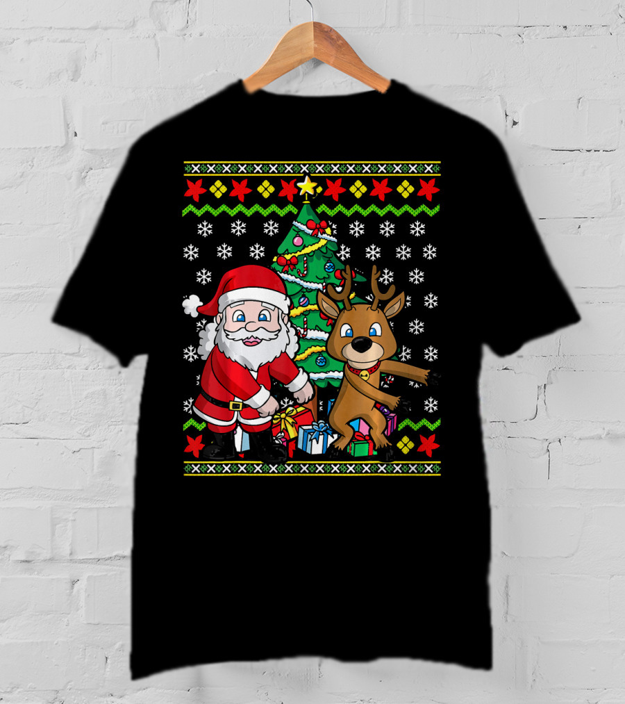 Ugly Christmas Kids Flossing Santa Reindeer Dance With Presents And Tree T-Shirt