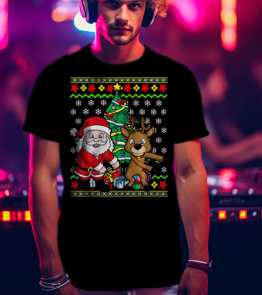 Ugly Christmas Kids Flossing Santa Reindeer Dance With Presents And Tree T-Shirt