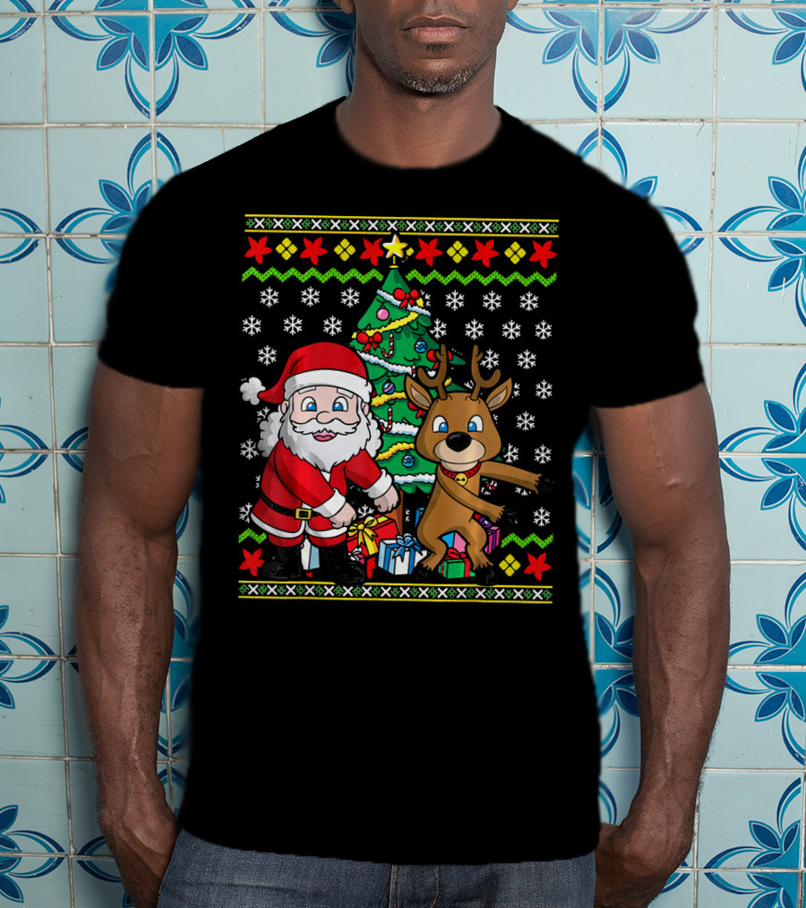 Ugly Christmas Kids Flossing Santa Reindeer Dance With Presents And Tree T-Shirt