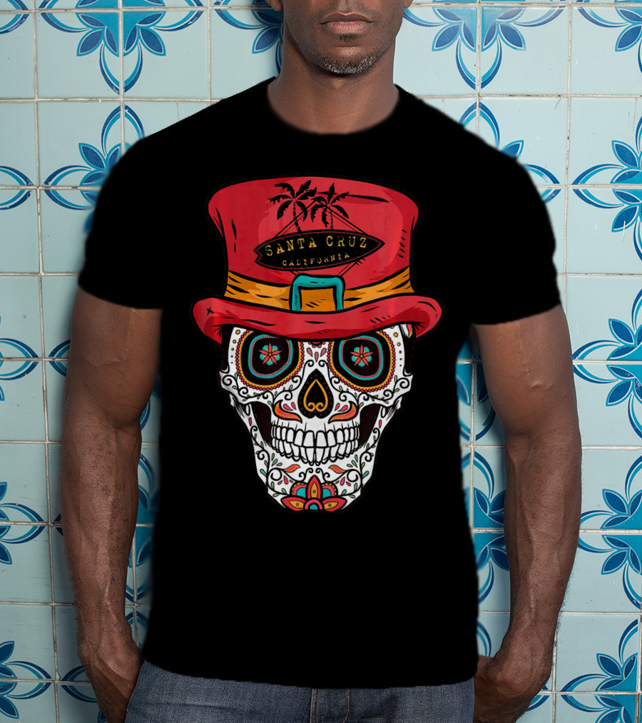 Santa Cruz California Sugar Skull Souvenir With Red Hat And Tropical Palm Trees T-Shirt