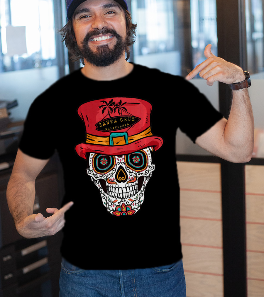 Santa Cruz California Sugar Skull Souvenir With Red Hat And Tropical Palm Trees T-Shirt