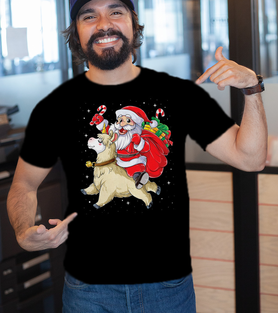Fa La La Llama Christmas Santa Riding Llama With Candy Canes And Gifts T-Shirt