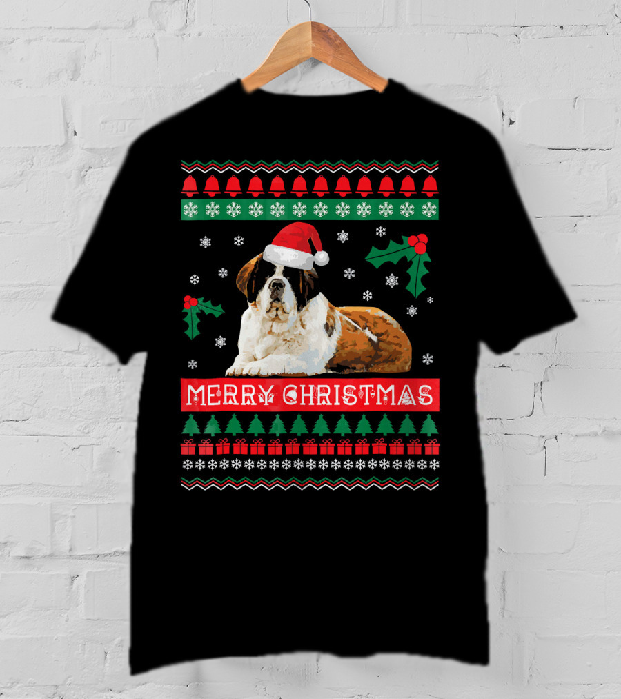 Merry Christmas St Bernard Dog Ugly Sweater Holiday T-Shirt