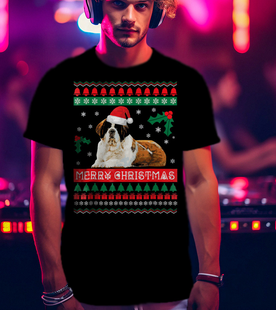 Merry Christmas St Bernard Dog Ugly Sweater Holiday T-Shirt