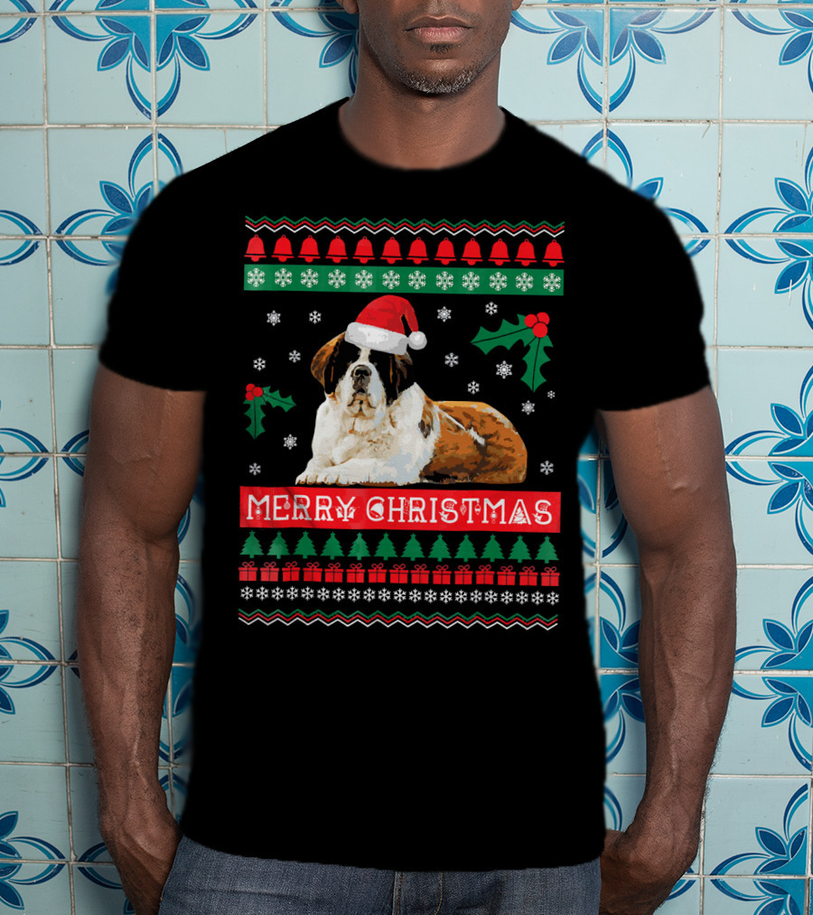 Merry Christmas St Bernard Dog Ugly Sweater Holiday T-Shirt