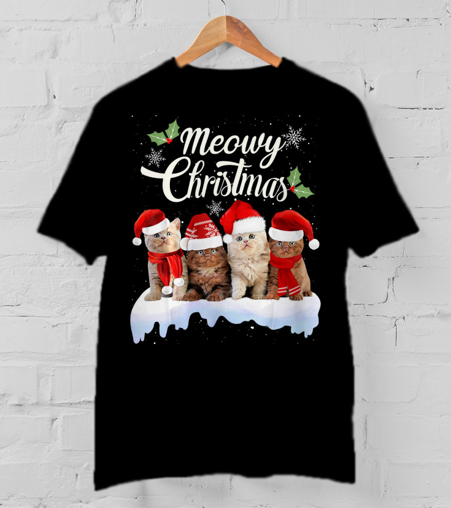 Meowy Christmas Kitten Cat Kitty Snowflake Santa Hat Holly T-Shirt
