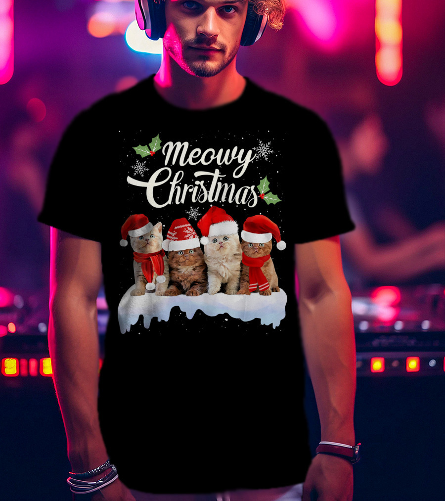 Meowy Christmas Kitten Cat Kitty Snowflake Santa Hat Holly T-Shirt