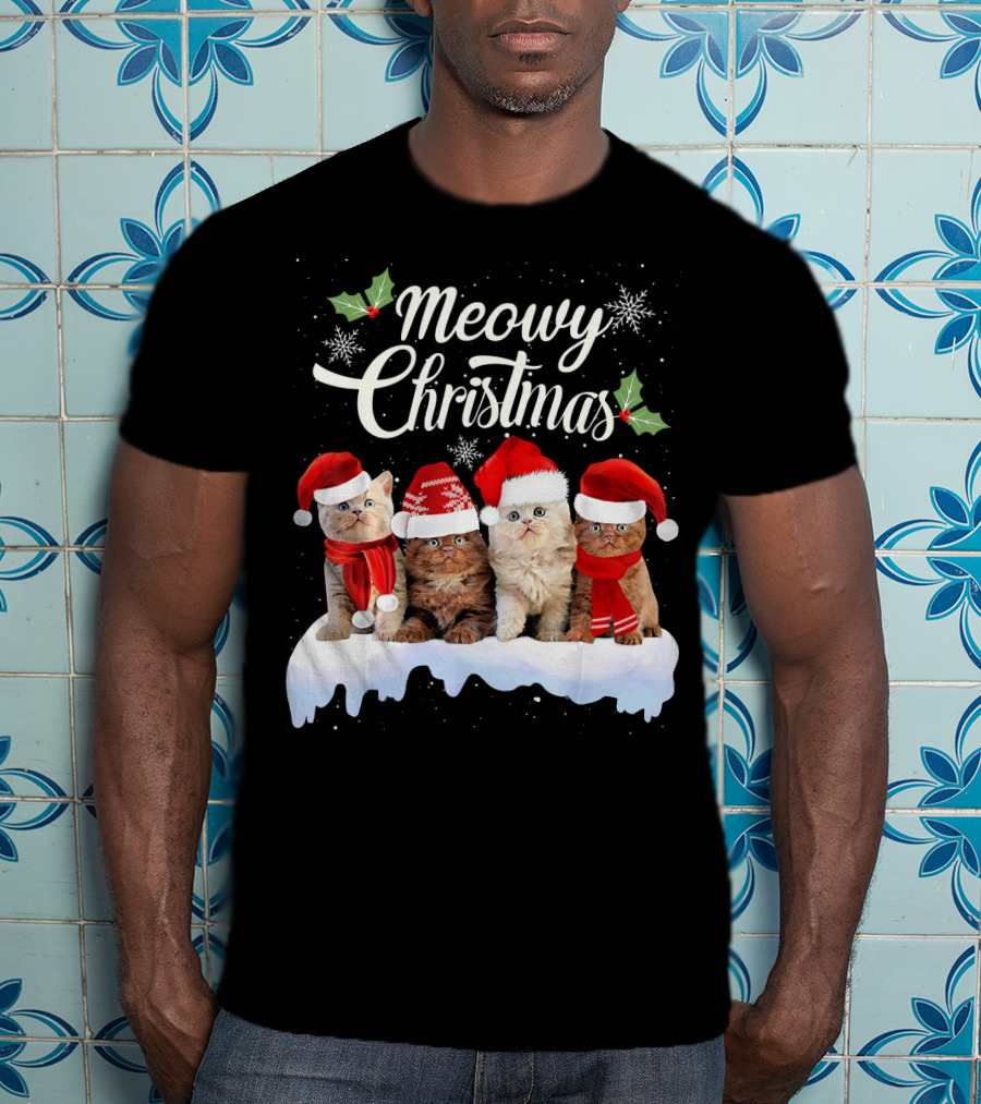 Meowy Christmas Kitten Cat Kitty Snowflake Santa Hat Holly T-Shirt