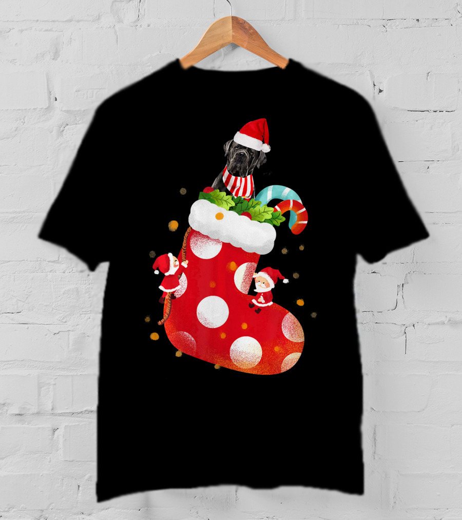 Christmas Cane Corso Dog In Santa Hat With Candy Cane And Stocking T-Shirt