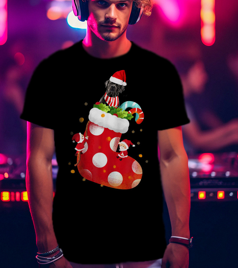 Christmas Cane Corso Dog In Santa Hat With Candy Cane And Stocking T-Shirt