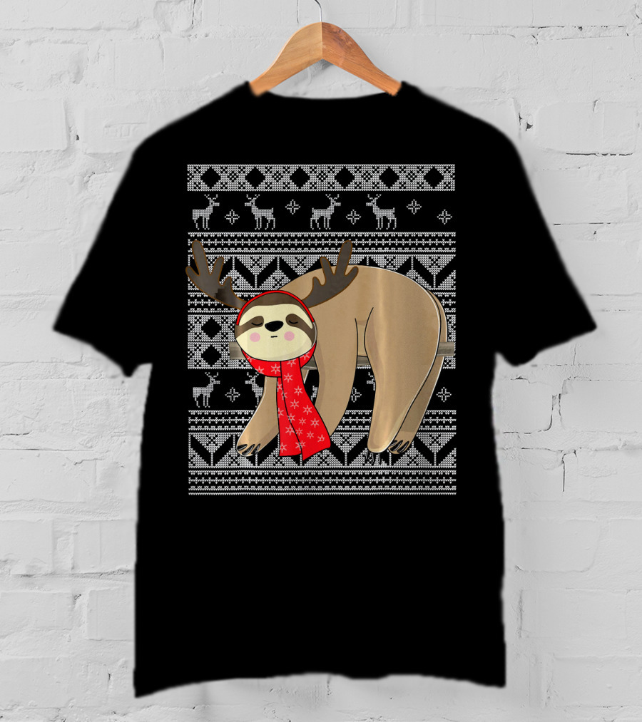 Ugly Christmas Sloth Reindeer Red Scarf Chris T-Shirt