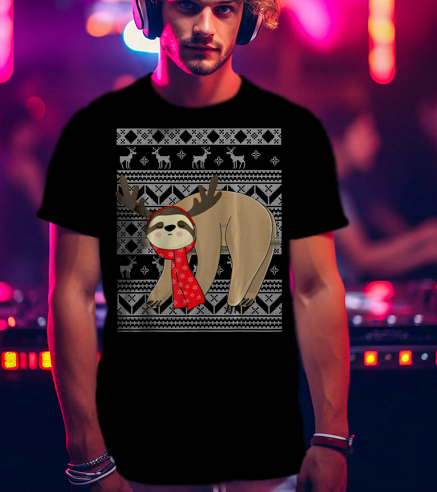 Ugly Christmas Sloth Reindeer Red Scarf Chris T-Shirt