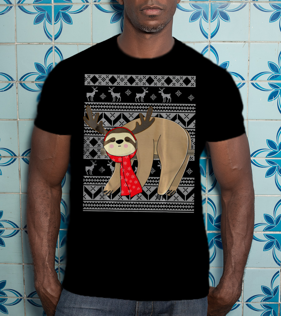 Ugly Christmas Sloth Reindeer Red Scarf Chris T-Shirt