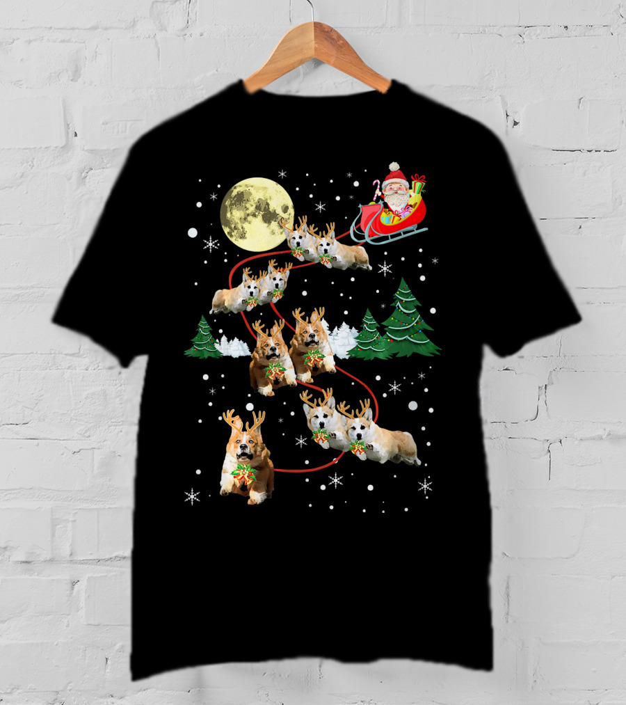 Reindeer Corgi Christmas Santa Sleigh Moon Trees Snowflakes T-Shirt