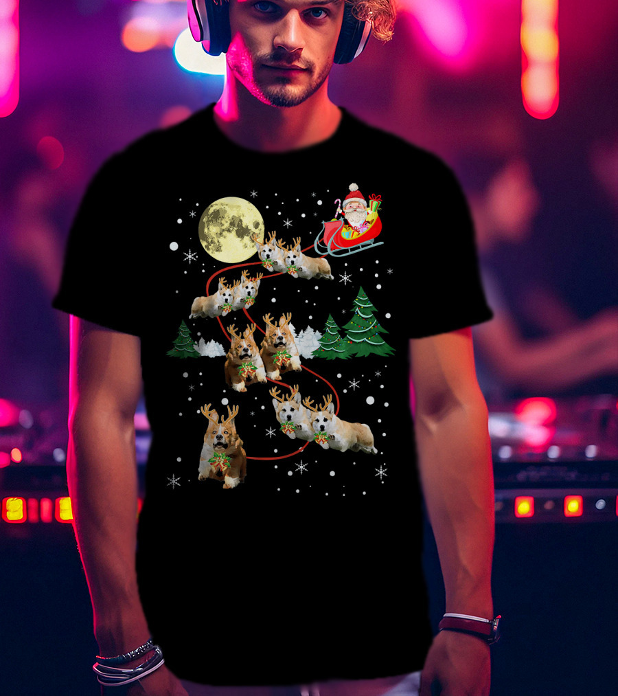 Reindeer Corgi Christmas Santa Sleigh Moon Trees Snowflakes T-Shirt